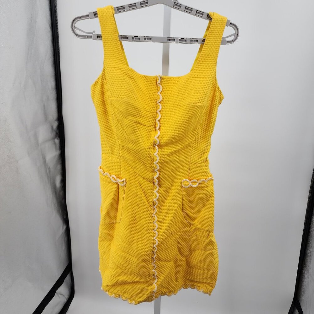 Vintage Sandcastle Yellow Dress Medium Zip Front Scallop Hem Built-In Bra